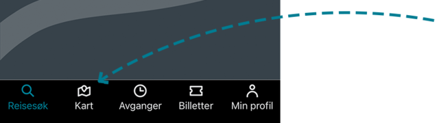 Et beskjært skjermbilde av nedre del av appen. En pil peker mot kart-fanen i menyen nederst i appen. 