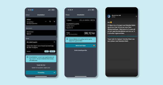 Illustrsjoner som viser hvordan fleksibel billett ser ut i appen.