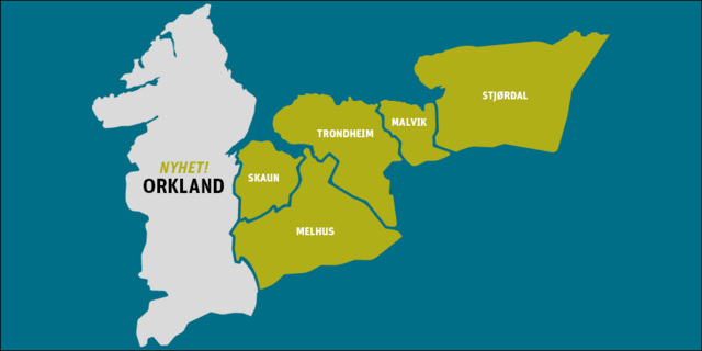 Kart som viser utvidelsen av Sone A med Orkland kommune