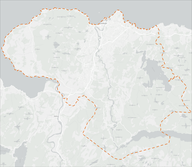 Grå bakgrunn med stiplet linje for å avgrense sone Trondheim kommune