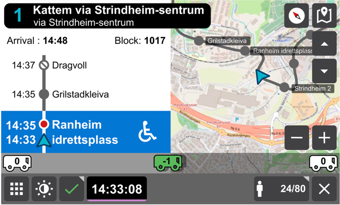 skjermbilde av sjåførens visning når reisehjelp er aktivert for holdeplass, viser tre neste holdepalsser, der blå markering på en holdeplass gir beskjed om at noen med assistanse har varslet at de ønsker på 