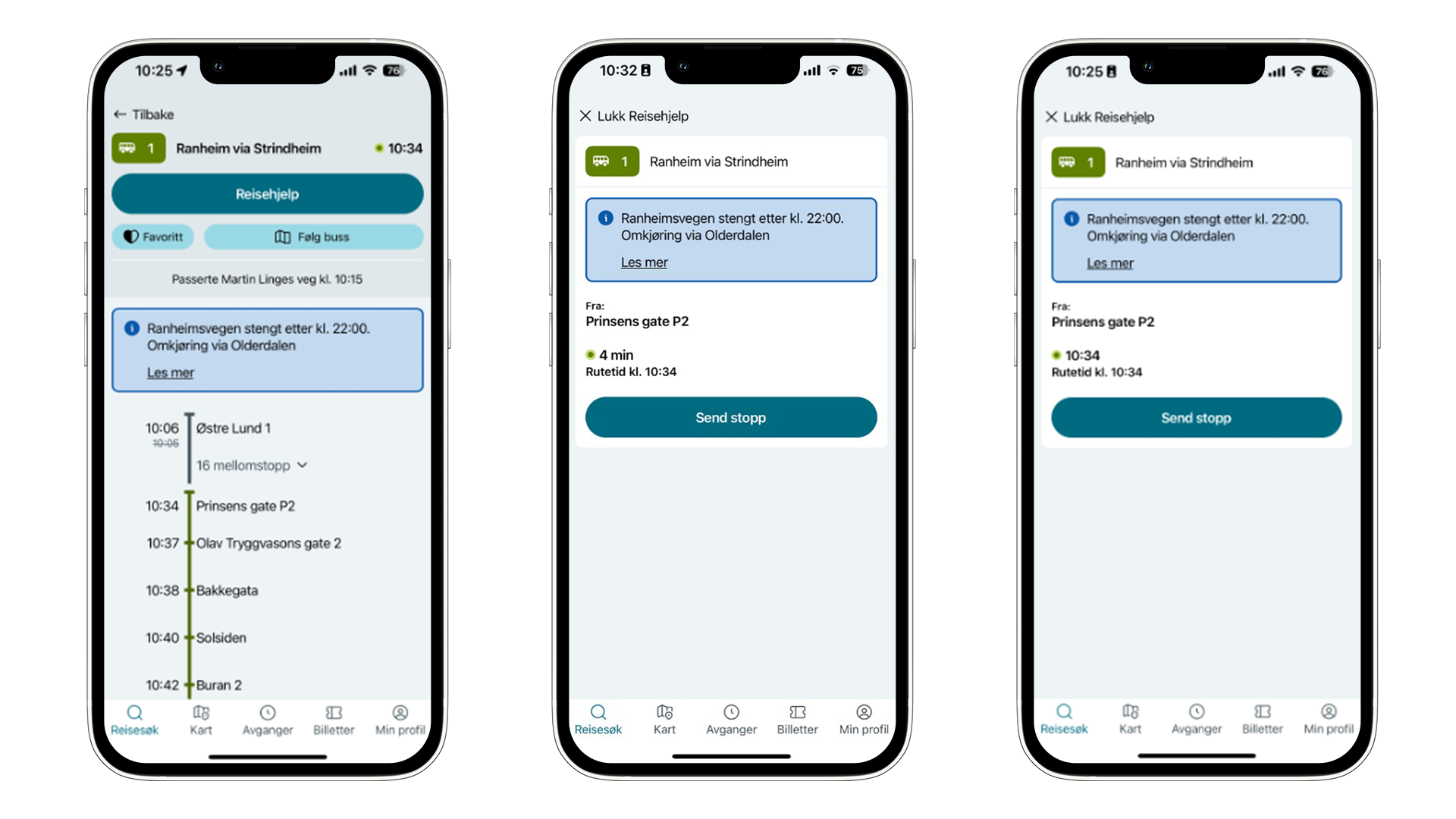 Illustrasjonsbilder som viser hvordan reisehjelp ser ut i appen, enkel appvisning med navn på avgang, informasjon om avgangen, hvor langt unna bussen er og stor blå stoppknapp