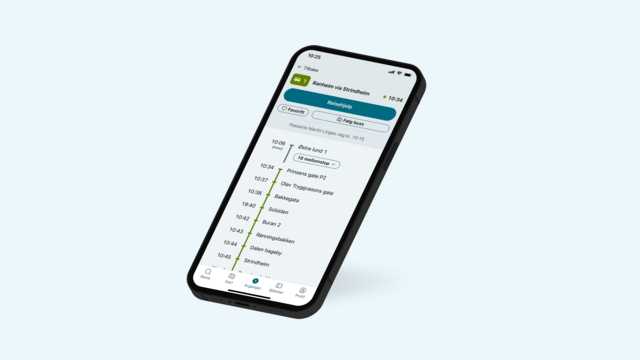 mobilskjerm som illustrerer stoppknapp og holdeplassliste i AtB-appen