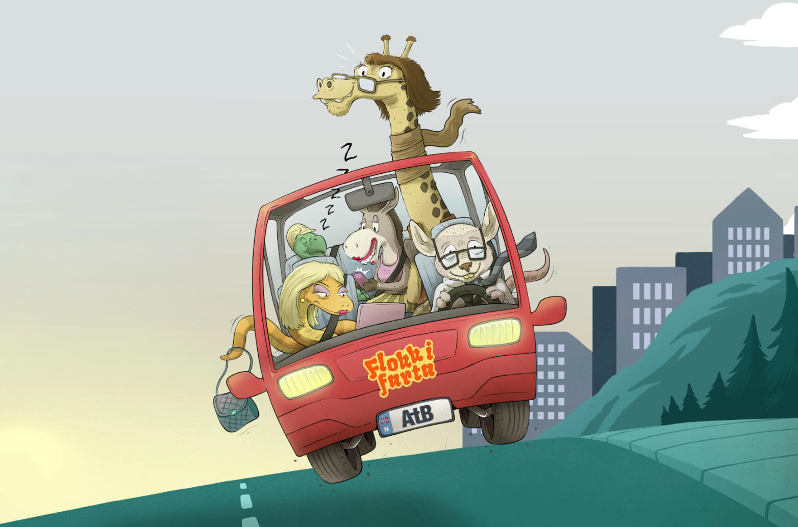 Fotograf: Allan Ohr. Bil illustrasjon med glade dyr i sjåfør- og passasjerseter