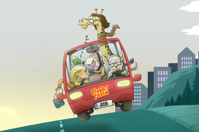 Bil illustrasjon med glade dyr i sjåfør- og passasjerseter