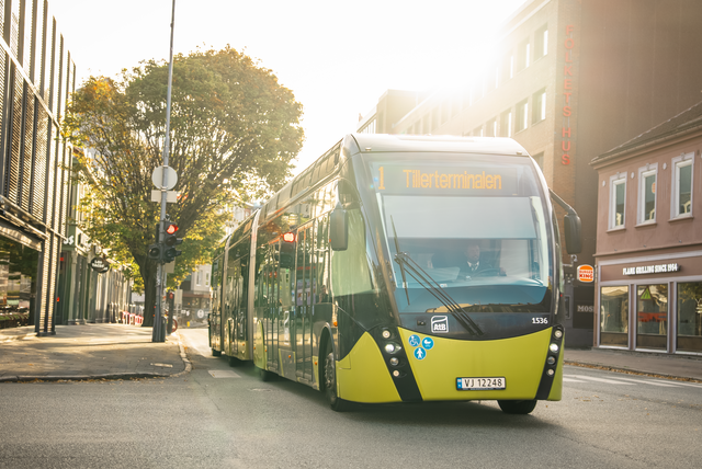 Metrobuss i lyskryss i soloppgang