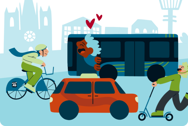 Illustrasjon av sykkel, buss og elsparkesykkel i bymiljø.