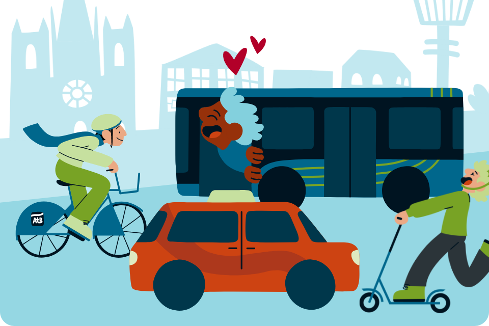 Illustrasjon av sykkel, buss og elsparkesykkel i bymiljø.