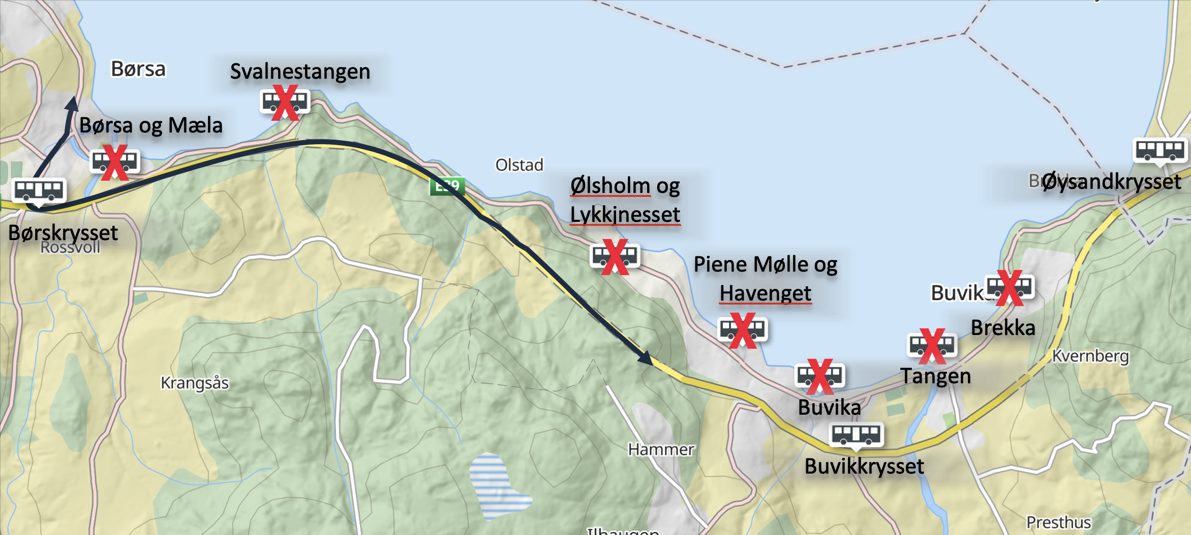 Driftskart som viser alternativ trasé under sykkelrittet
