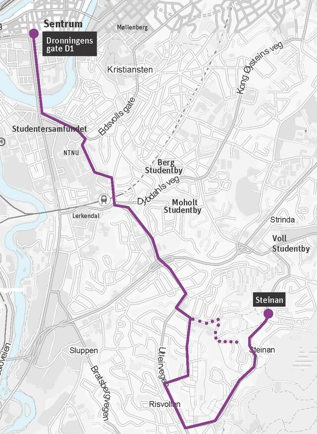 linjekart for nattbuss linje 115 i fadderuka