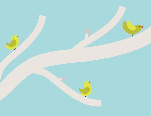 Illustrasjon gule fugler i tre
