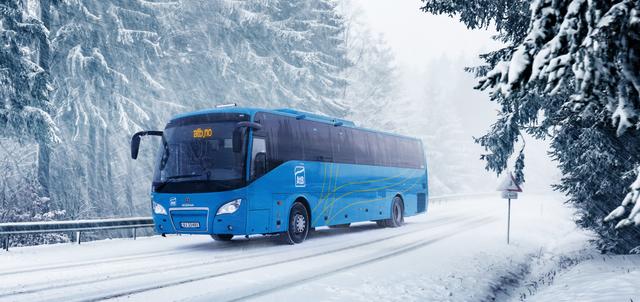 Bus in on a snowy road
