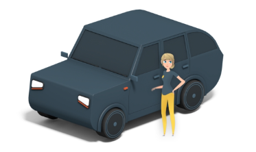 Svart bil og person med svart skjorte og gul bukse vedsiden av.